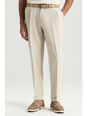 Hemington Saf Keten Krem Rengi Pileli Pantolon