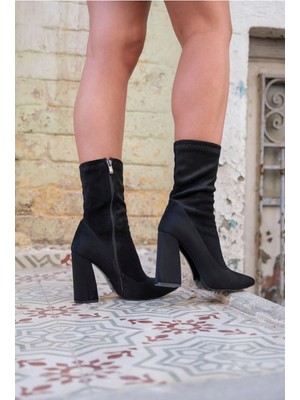 Ayakkabı Ateşi Siyah Süet Streç Tasarım Topuklu Kadın Bot Capella