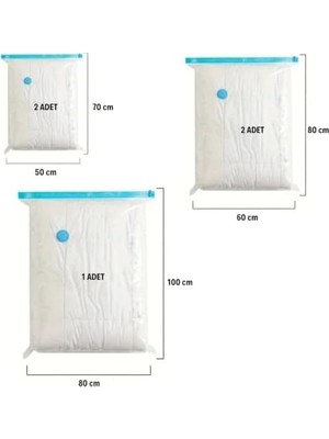 5'li Paket 3 Boy Vakumlu Hurç Giysi Yastık Yorgan Yazlık Kışlık Için Vakumlu Saklama Torbaları, 2 Adet 70X50CM - 2 Adet 80X60CM - 1 Adet 100X80CM + El Pompası Hediye