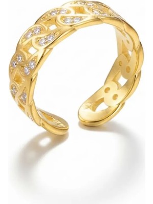 Tesbihname Beyaz Zirkon Taşlı Gurmet Tasarım Gold Renk Free Size 925 Ayar Gümüş Kadın Yüzük