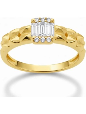 Tesbihname Beyaz Zirkon Taşlı Çark Tasarım Gold Renk Free Size 925 Ayar Gümüş Kadın Yüzük