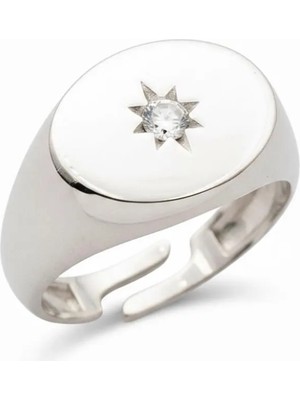 Tesbihname Beyaz Zirkon Taşlı Yıldız Detaylı Gümüş Renk Ayarlanabilir Ölçü 925 Ayar Gümüş Kadın Tektaş Yüzük