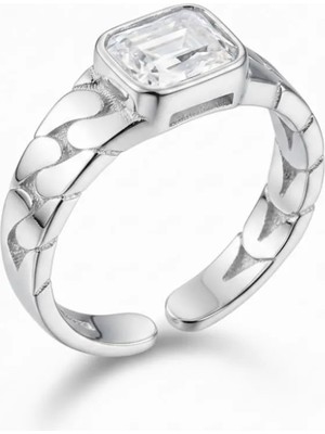 Tesbihname Beyaz Zirkon Taşlı Zincir Tasarım Silver Renk Free Size 925 Ayar Gümüş Kadın Tektaş Yüzük