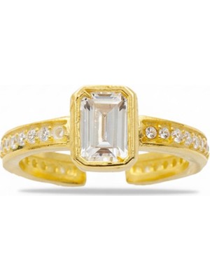 Tesbihname Baget Kesim Beyaz Zirkon Taşlı Gold Renk Free Size 925 Ayar Gümüş Kadın Tektaş Yüzük