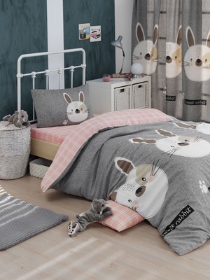 Eponj Home Tavşancık Desenli Kolay Ütülenir Tek Kişilik Nevresim Takımı 160 x 220 cm A.Kahve-Gri-Pembe