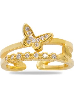 Tesbihname Beyaz Zirkon Taşlı Kelebek Detaylı Silver Renk Free Size 925 Ayar Gümüş Kadın Yüzük