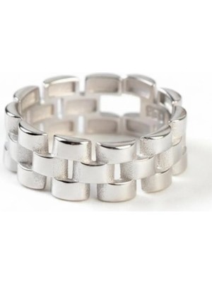 Tesbihname Zincir Tasarım Silver Renk Free Size 925 Ayar Gümüş Kadın Tektaş Yüzük