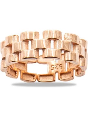 Tesbihname Zincir Tasarım Rose Renk Free Size 925 Ayar Gümüş Kadın Tektaş Yüzük