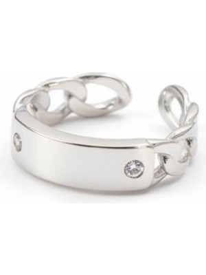 Tesbihname Zincir Tasarım Silver Renk Free Size 925 Ayar Gümüş Kadın Tektaş Yüzük