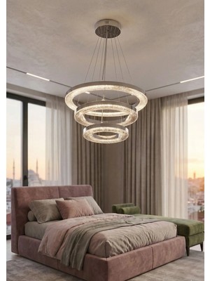 Lzy Avize Store Kristal 3’lü Halka Avize – Modern Salon, Yemek Masası, Mutfak, Antre ve Çocuk Odası Aydınlatma
