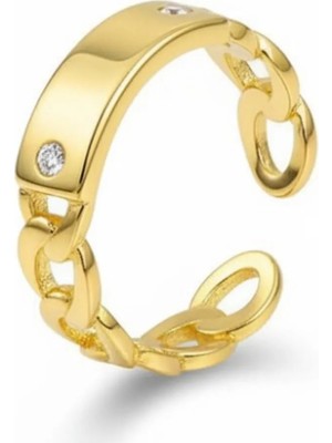 Tesbihname Zincir Tasarım Gold Renk Free Size 925 Ayar Gümüş Kadın Tektaş Yüzük