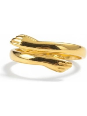 Tesbihname Anne-Bebek Eli Detaylı Gold Renk Free Size 925 Ayar Gümüş Kadın Yüzük