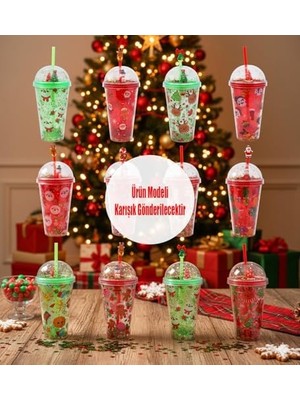 Yılbaşı Temalı Kar Küresi Kapaklı Işıltılı Pipetli Bardak 450 ml
