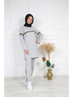 Cng Moda Kadın Gri Eşofman Takımı Sarı Şerit Desenli Pamuklu Kumaş ile Şık ve Rahat
