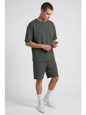 Haki Oversize Fit Basic Erkek Şort Takım - 85292