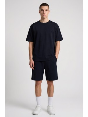 Lacivert Oversize Fit Basic Erkek Şort Takım - 85292