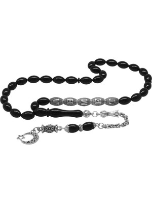 Tesbihname Kararmaz Metal Püsküllü Kişiye Özel Isim Yazılı Siyah Sıkma Kehribar Tesbih