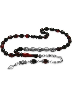 Tesbihname Kararmaz Metal Püsküllü Kişiye Özel Isim Yazılı Kırmızı-Siyah Ateş Kehribar Tesbih