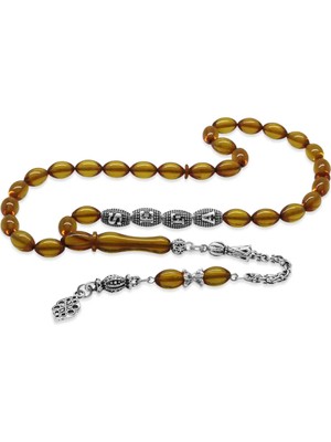 Tesbihname Kararmaz Metal Püsküllü Kişiye Özel Isim Yazılı Şeffaf Sarı Ateş Kehribar Tesbih