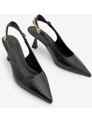 Marjin Kadın Stiletto Sivri Burun Altın Zincir Detaylı Arkası Açık Topuklu Ayakkabı Nigos Siyah Croco