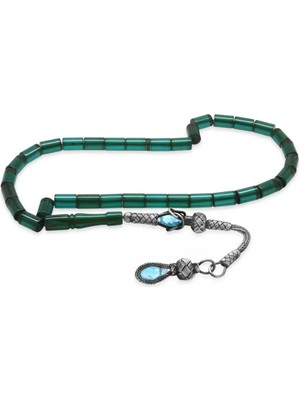 Tesbihname 1000 Ayar Gümüş Kazaz Püsküllü Kesme Kesim Petrol Yeşili-Siyah Ateş Kehribar Tesbih