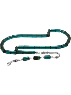 Tesbihname 925 Ayar Gümüş Püsküllü Kesme Kesim Petrol Yeşili-Siyah Ateş Kehribar Tesbih