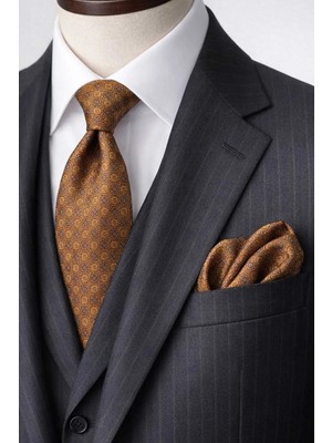 Kravatkolik Turuncu Motif Desen Mendilli Klasik Kravat KK13060