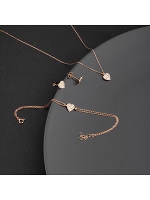 Miavi Silver 925 Ayar Gümüş Zirkon Taşlı Kalp Takı Seti Rose Kaplama Şık Desenli El İşçiliği
