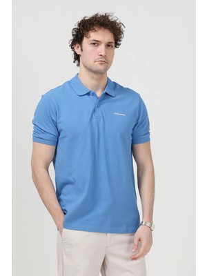 Erkek Polo Yaka Marka Baskılı Pamuklu T-Shirt Mavi - 25Y 2061