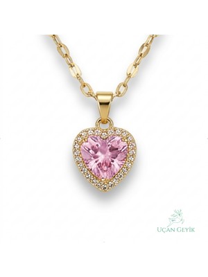 Uçan Geyik Pembe Renkli Kalpli Kolye - Sarı Zincir | Şifa ve Sevgi Taşı - Kadın Takı