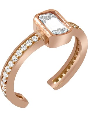 Tesbihname Baget Kesim Beyaz Zirkon Taşlı Rose Renk Ayarlanabilir Ölçü 925 Ayar Gümüş Kadın Tektaş Yüzük