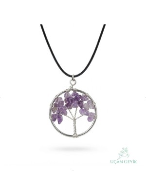 Uçan Geyik Hayat Ağacı Ametist Doğal Taş Kolye - Siyah Paslanmaz Çelik | Pozitif Aura, Konsantrasyon, Ruhsal Denge - Kadın Takı