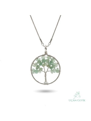 Uçan Geyik Hayat Ağacı Aventurin Doğal Taş Kolye - Paslanmaz Çelik | Şans, Denge, Refah, Sakinlik - Kadın Takı