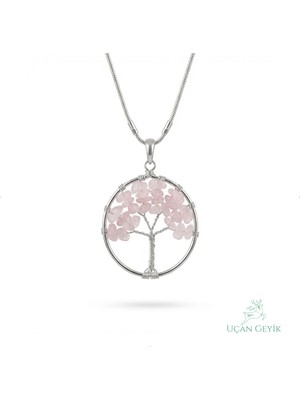 Uçan Geyik Hayat Ağacı Pembe Kuvars Doğal Taş Kolye - Paslanmaz Çelik | Sevgi, Huzur, Ruhsal Denge - Kadın Takı