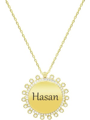 Tesbihname Zirkon Taşlı Güneş Tasarım Altın Renk Isme Özel Yazılı 925 Ayar Gümüş Kadın Kolye