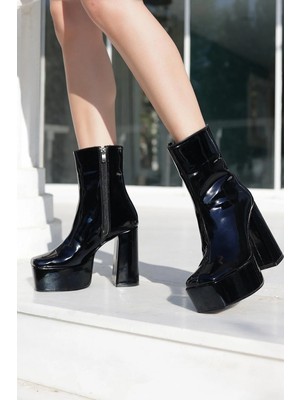 Ayakkabı Ateşi Kadın Kalın Topuk Yüksek Bot Getz  Siyah Rugan