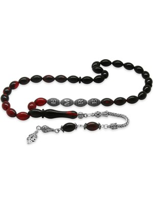 Tesbihname 925 Ayar Gümüş Püsküllü Arpa Kesim Gümüş Isim Yazılı Süzme Kırmızı-Siyah Ateş Kehribar Tesbih