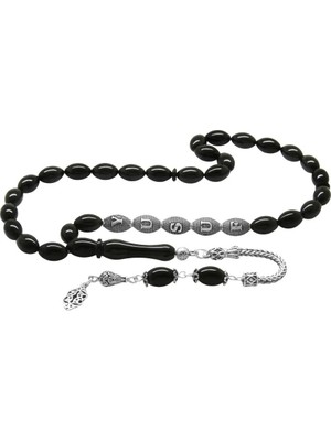 Tesbihname 925 Ayar Gümüş Püsküllü Arpa Kesim Gümüş Isim Yazılı Siyah Sıkma Kehribar Tesbih