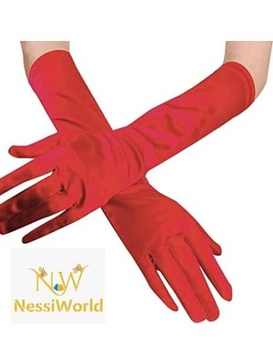 Twin Store Kırmızı Renk Dirseğe Kadar Uzun Kumaş Eldiven 40 cm