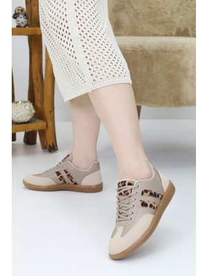 Emax Bej Leopar Detaylı Kadın Spor Ayakkabı – Günlük ve Rahat Taban