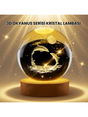 Twin Store Işlemeli Yunus Kristal Küre Sıcak Işıklı Ahşap Standlı