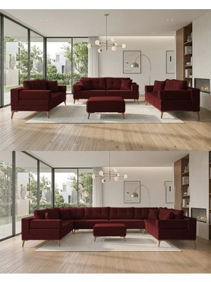 Velura Home & Living Zeri Modüler Yataklı 3 Adet Üçlü Kanepe & 3'lü Koltuk (3+3+3) - Bordo