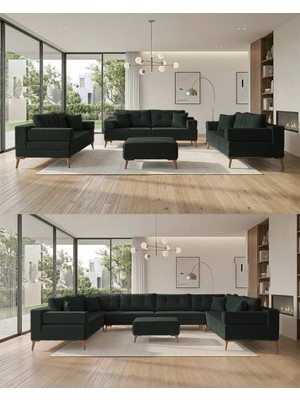 Velura Home & Living Zeri Modüler Yataklı 3 Adet Üçlü Kanepe & 3'lü Koltuk (3+3+3) - Koyu Yeşil