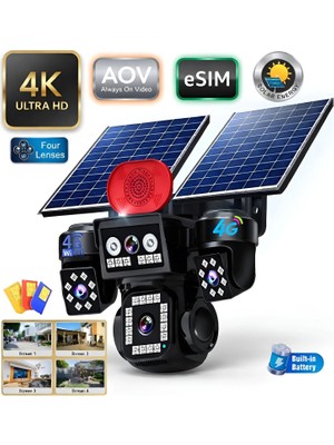 Invicta 4 Lensli Aov 4K Güneş Enerjili E-SIM ve Sım Kartla Çalışan Güvenlik Kamerası, , Dahili Bataryalı, 16W Solar Panel, Akıllı Hareket Algılama, Gece Görüşlü, 360 Derece Ptz