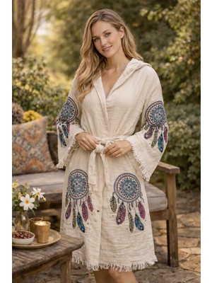 Hayalet Renkli Rüya Kapanı Desenli Baskılı Pamuklu Müslin Kapüşonlu Kimono Bornoz Kaftan Peştemal