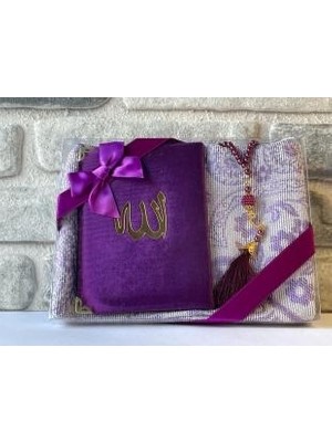 İkra Hac Çeyizlik Lüks Mürdüm Seccade Seti Pamuk ve PDY İplikten Üretilmiş Dini Desenli