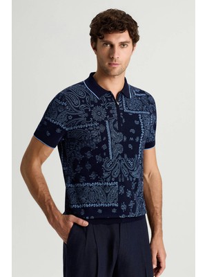 Hemington Giza Pamuk Paisley Desen Lacivert-Mavi Triko Polo
