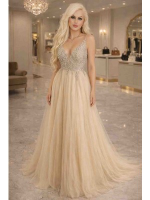 ✨ Lavin’s Luxury Taş Işlemeli Şampanya Tül Abiye Elbise ✨