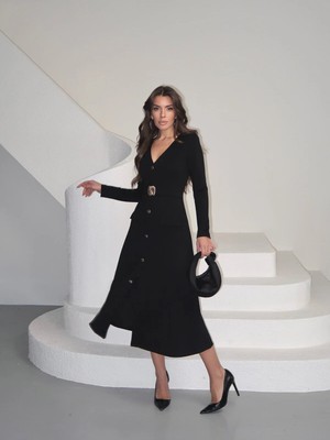 Paw Garage Kadın Sole Modal Kumaş Çift Cepli Ön Tokalı Uzun Kollu Elbise