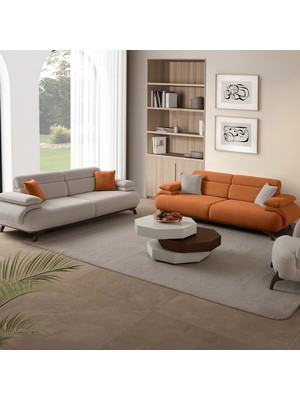 Eymense Bonjo Sırt Mekanizmalı Ceviz Kasalı Koltuk Takımı 3+3 Bej Kiremit